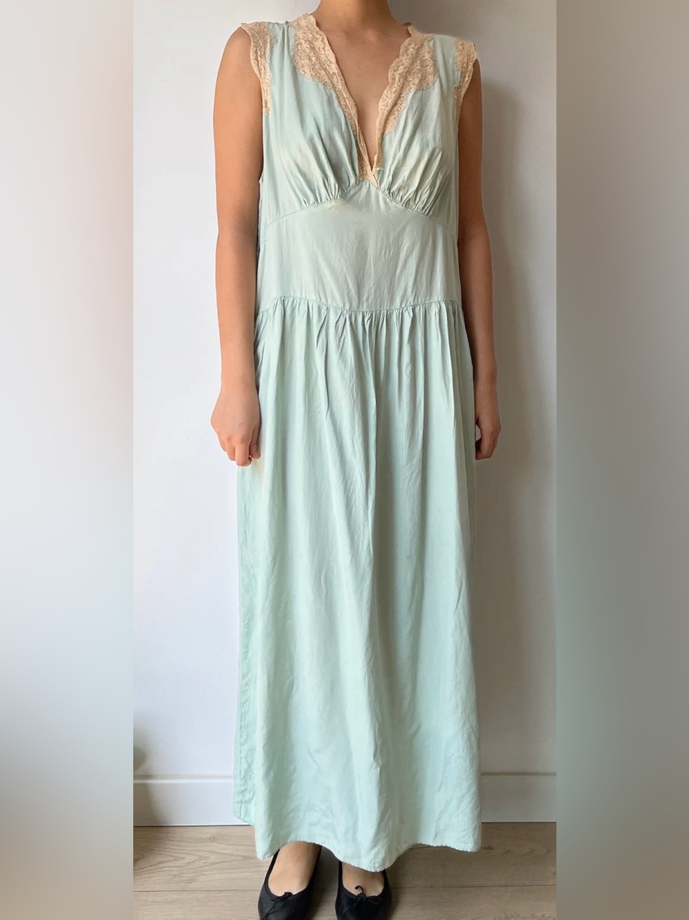 Antique vintage 1920s 1930s Silk Light Mint Green Maxi Slip Dress - Picture 4 of 5